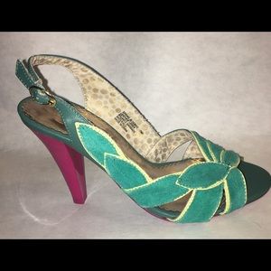 Teal and Hot Pink Open Toe Slingbacks, size 7.5